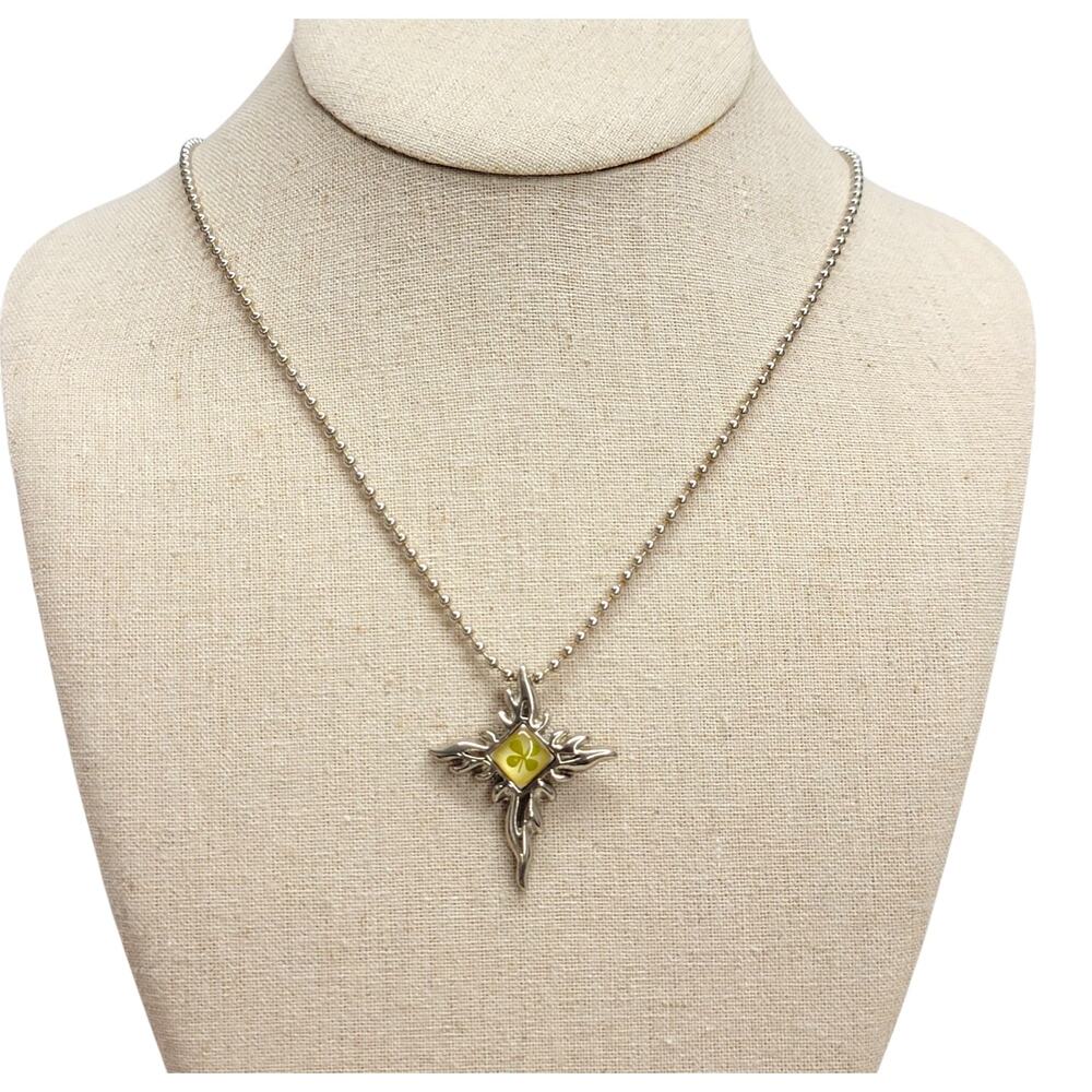 Lucky 100 Y2K Tribal Flame Cross Four Leaf Clover Ball Chain Necklace Silver